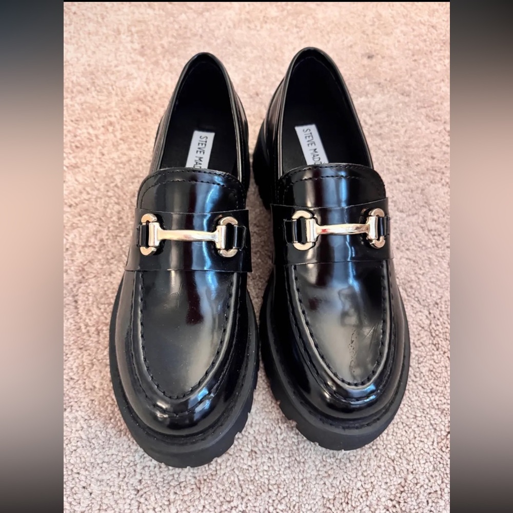Steve Madden Glossy Black Loafers with Gold Detail
